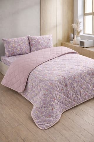 Formeya Kapitoneli Çift Kişilik Desenli Pike - Yatak Örtüsü Takımı 200x230 Cm - 2 Adet Yastık Kılıflı Lila