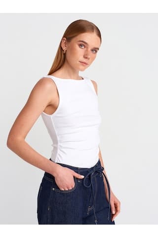 Dilvin 31589 Büzgülü Kayık Yaka Top-beyaz Beyaz