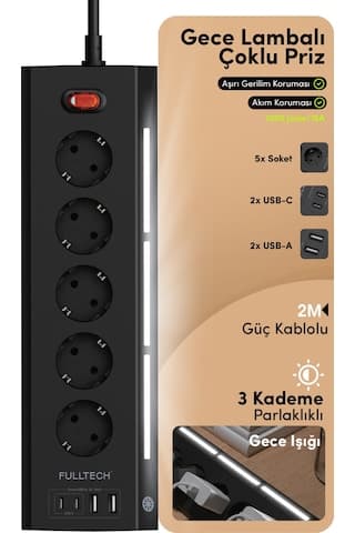 Fulltech FTR-26 Akım Korumalı Priz Siyah 9’lu (5 Priz + 2 USB-A + 2 USB-C) 3680W 16A, 2 Metre Kablolu, Gece Lambalı Çoklu Priz -