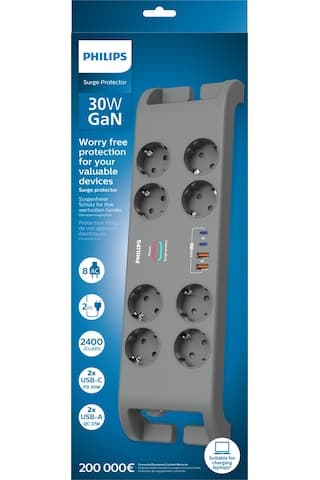 Philips Spn8180ga Akım Korumalı Priz 8'li + 2x Usb-a 18w + 2x Usb-c 20w - 2m Kablo - Siyah 2 m