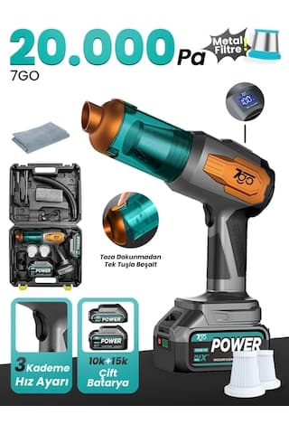 7go 7gab-03 Şarjlı Kablosuz Araç Süpürgesi Gri 20000pa Güçlü Emiş Fırçasız Motor Üfleme & Vakum