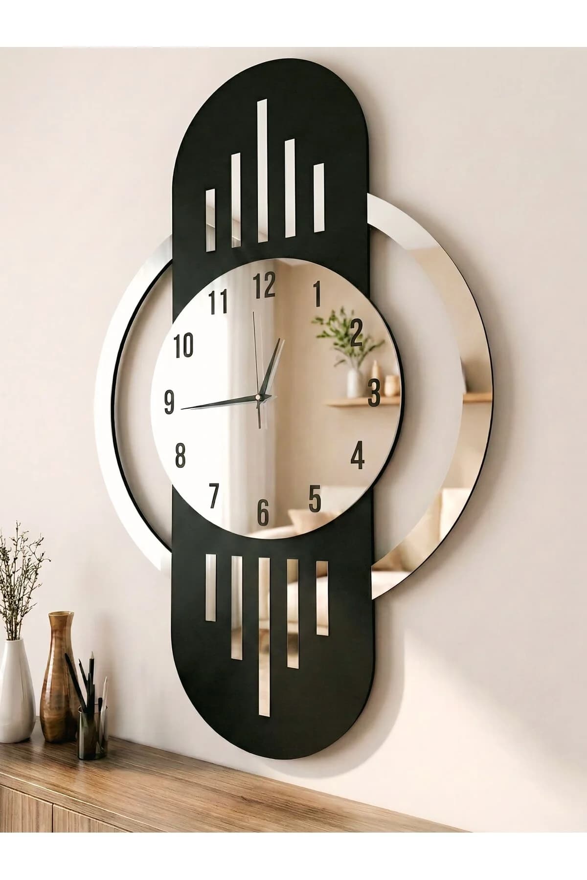 Siyah Renk Aynalı Sayılı Hediyelik Ahşap Dekoratif Sessiz Büyük Boy Tablo Duvar Saati 70cm Siyah Gümüş