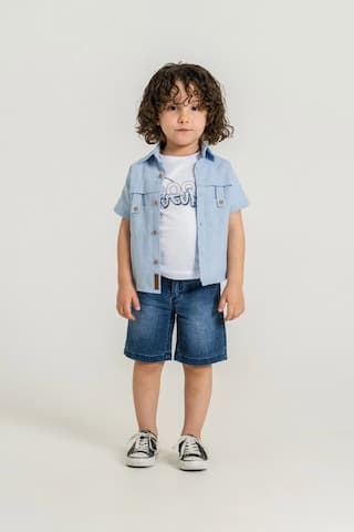 Bontino Erkek Çocuk 3'lü Şortlu Takım - Pamuk Premium Seri Gömlek Ve Kot Şort Mavi 2 Yaş