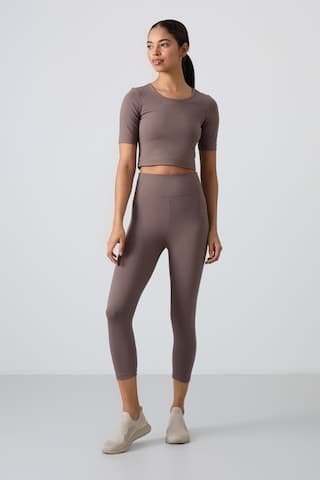 Tommylife Tommy Life Kahverengi Yüksek Bel Kapri-crop T-shirt Slim Fit Kadın Tayt Takım - 95285 Kahverengi