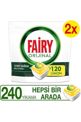 Fairy Hepsi Bir Arada Limon Kokulu Bulaşık Makinesi Deterjanı 2 x 120 Tablet
