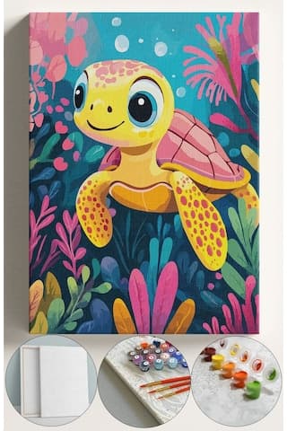 Çocuk Sayılarla Boyama Numaralı Tuval Seti Fırça Boya Dahil 40x50 Cm Bebek Kaplumbağa