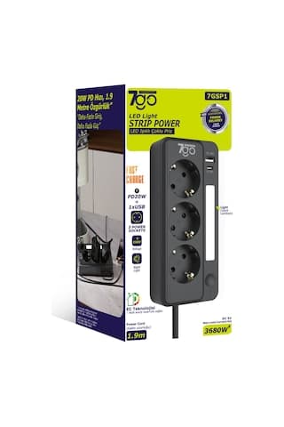 7go 7gsp1 3680w 3'lü Priz Siyah Akım Korumalı 20w Pd Hızlı Şarj Usb 1.9m Kablolu Akıllı Led Ge 2 m