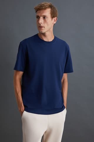 Grimelange Solo Erkek %100 Organik Pamuklu Kalın Dokulu Comfort Fit Bisiklet Yakalı Lacivert T-shirt Lacivert