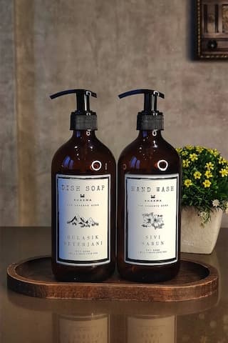 Khakma Oval Ahşap Stantlı 2'li Amber Cam Sıvı Sabun & Bulaşık Deterjanı Şişesi Bb Hd