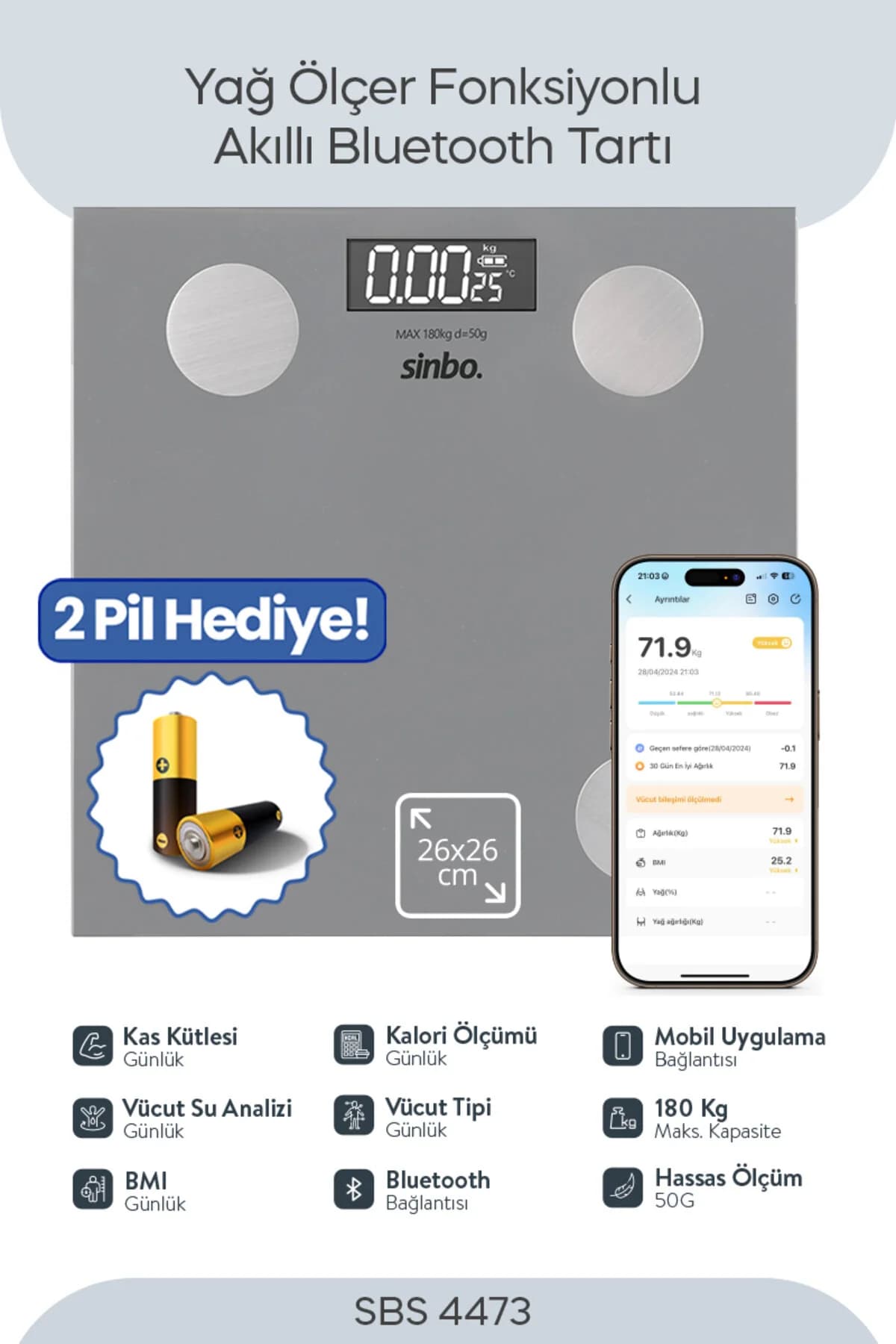 Sbs-4473 Bluetooth Dijital Yağ Su Kas Vücut Kitle Endeksi Kilo Ölçer Tartı Baskül
