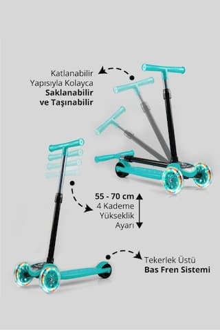 Triathlon T212-M Katlanabilir Led Işıklı Scooter / 4 Kademe Ayarlanabilir Yükseklik Ayarı (55-70cm)/ Arka Fren