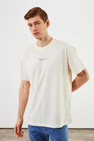 Leo Erkek Oversize Tshirt %100 Pamuk Bisiklet Yaka Baskı Detaylı Basic Tişört Mtlce81 Ekru