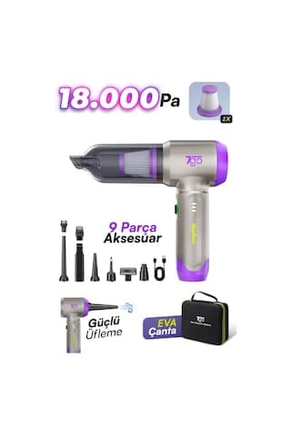 7go 7gab-02 Kablosuz Araç İçi Süpürge 18.000pa Güçlü Emiş Fırçasız Motor 6000mah Batarya Toz