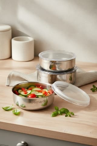 Bernardo Stelo 3'lü Çelik Saklama Kabı 16-18-20 Cm 6 Parça Gümüş - Şeffaf