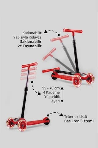 T212-K Katlanabilir Led Işıklı Scooter / 4 Kademe Ayarlanabilir Yükseklik Ayarı (55-70cm)/ Arka Fren