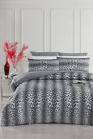 Lastikli Çarşaflı Çift Kişilik Nevresim Takımı Leopar Füme - Gri