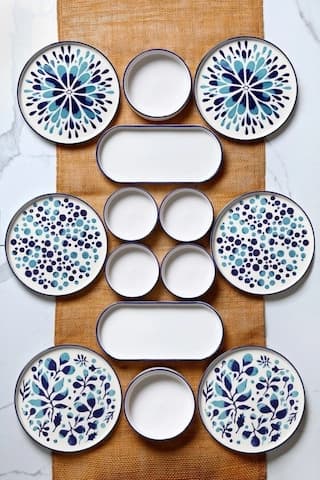Kitchen Life 14 Parça 6 Kişilik Stackable Blue Etnik Kahvaltı Takımı - Lüx Kahvaltılık Sunum Seti Tabağı Mavi Lacivert Turkuaz