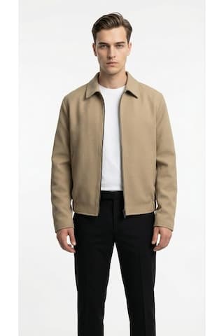 Plus Scorpion Erkek Fermuarlı Mevsimlik Mont Ceket Tok Dokulu Gömlek Yaka Bej