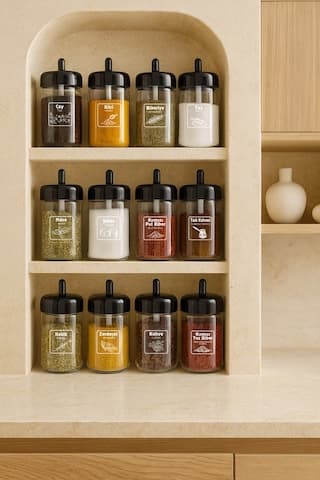 Kitchen Life Kapağı Kendinden Kaşıklı ve Gold Etiketli Cam Baharatlık Seti 12'li 300 ML Siyah - Şeffaf