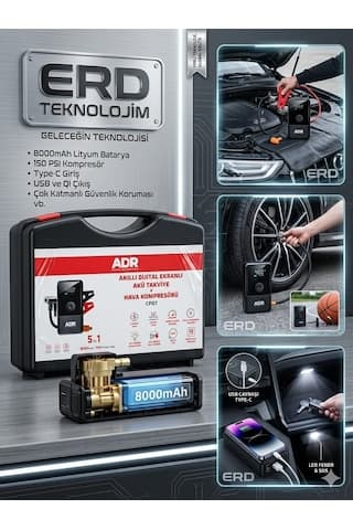5 İn 1 Araç Akü Şarj Takviye Dijital Göstergeli Hava Kompresörü Devre Korumalı 8000mah Powerbank