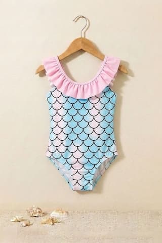 Zuzunga Kız Çocuk Mermaid Desenli Fırfırlı Mayo Mavi-pembe