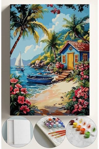 Sayılarla Boyama Seti Numaralı Tuval Fırça Boya 40x50 Cm - Deniz Kenarı Kulübe