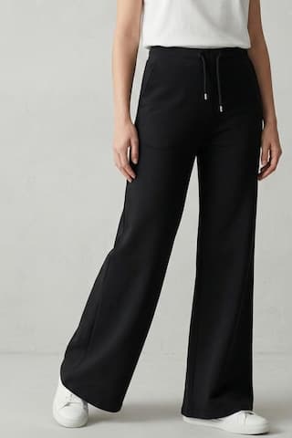 Elemge Pamuklu Kadın Eşofman Altı Yüksek Bel Siyah Dar Kalıp Flare Fit Geniş Paça İpli Cepli Esnek Likralı