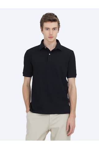 Kip Siyah Düz Polo Yaka Pamuk Karışımlı T-shirt