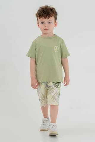 Pamuklu Tropical Yaprak Desenli Yeşil Erkek Bebek Takımı 6-18 Ay Çok Renkli