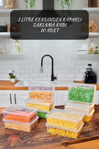 Superpup Kendinden Kapaklı Plastik Saklama Kabı 10 Adet 1 L Şeffaf