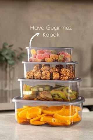 Vienev 4lü Hava Geçirmez Saklama Kabı Seti Antrasit 1x 250-500-750-1200 Ml Antrasit