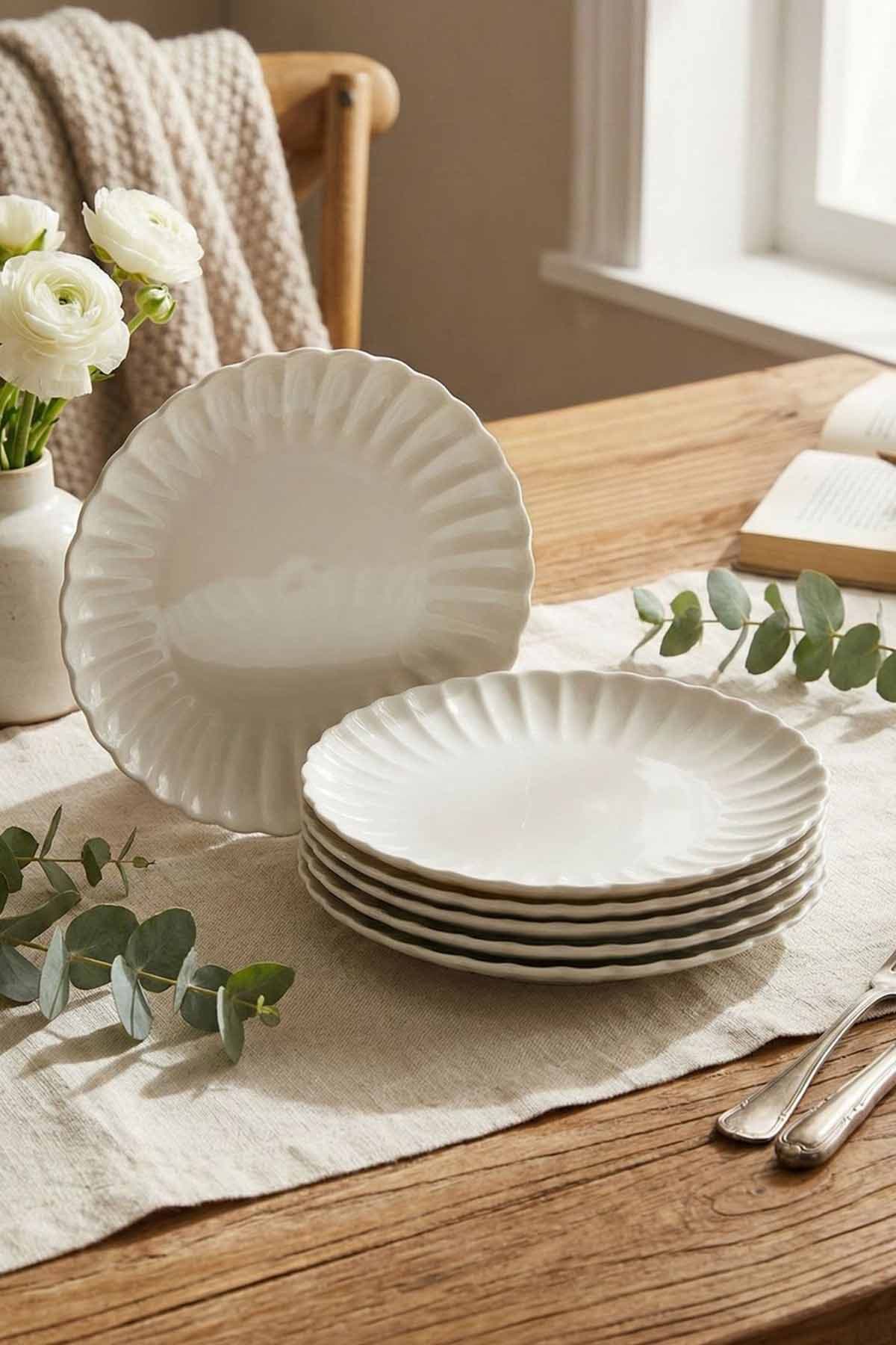 Kütahya Porselen Luz 6 Parça 21 Cm Pasta Tabağı Ekru