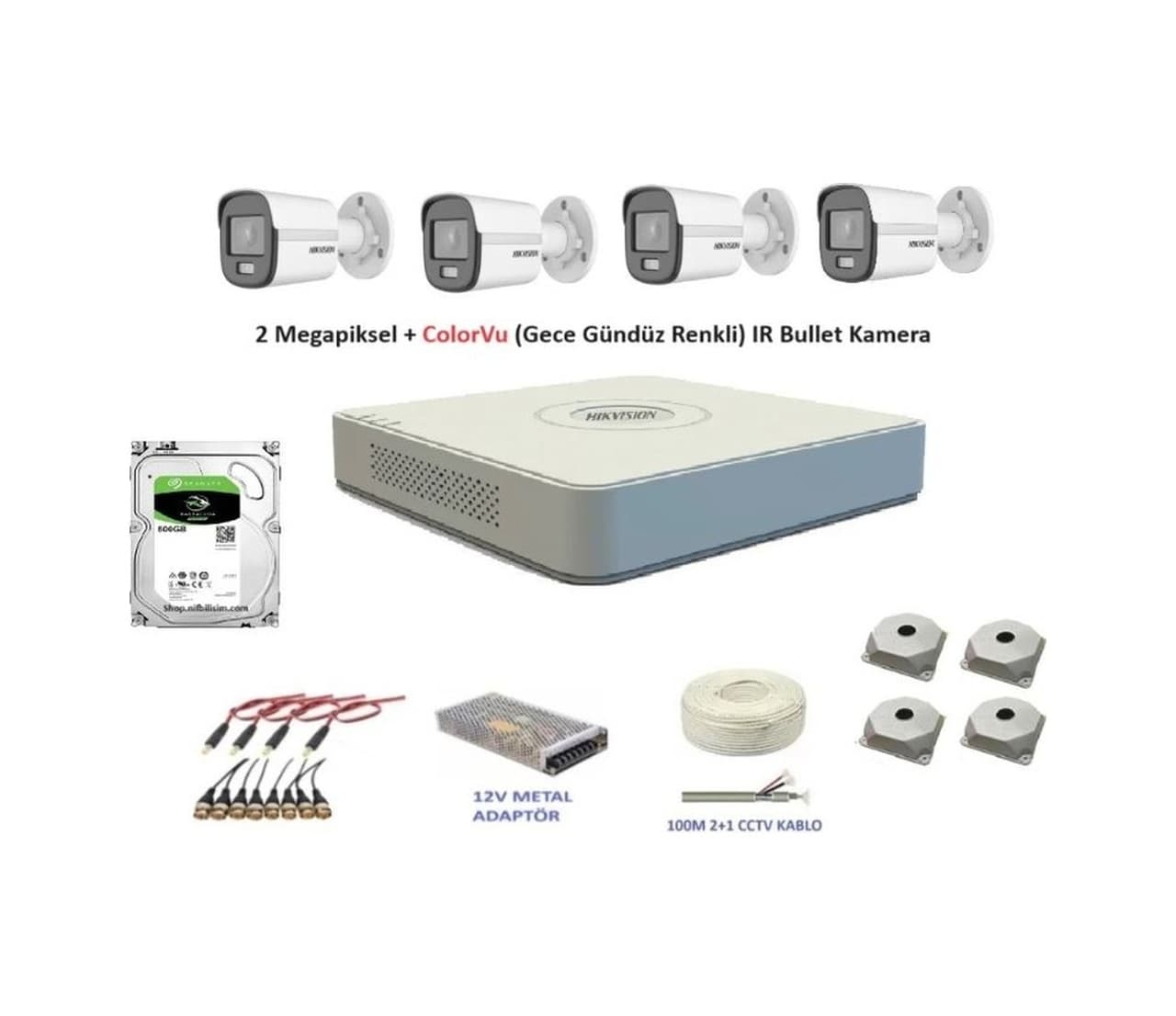 Hikvision 2 MP 4 Kameralı 500 GB Disk Dış ortam AHD HD-TVI ColorVu Gece Renkli Kamera Seti
