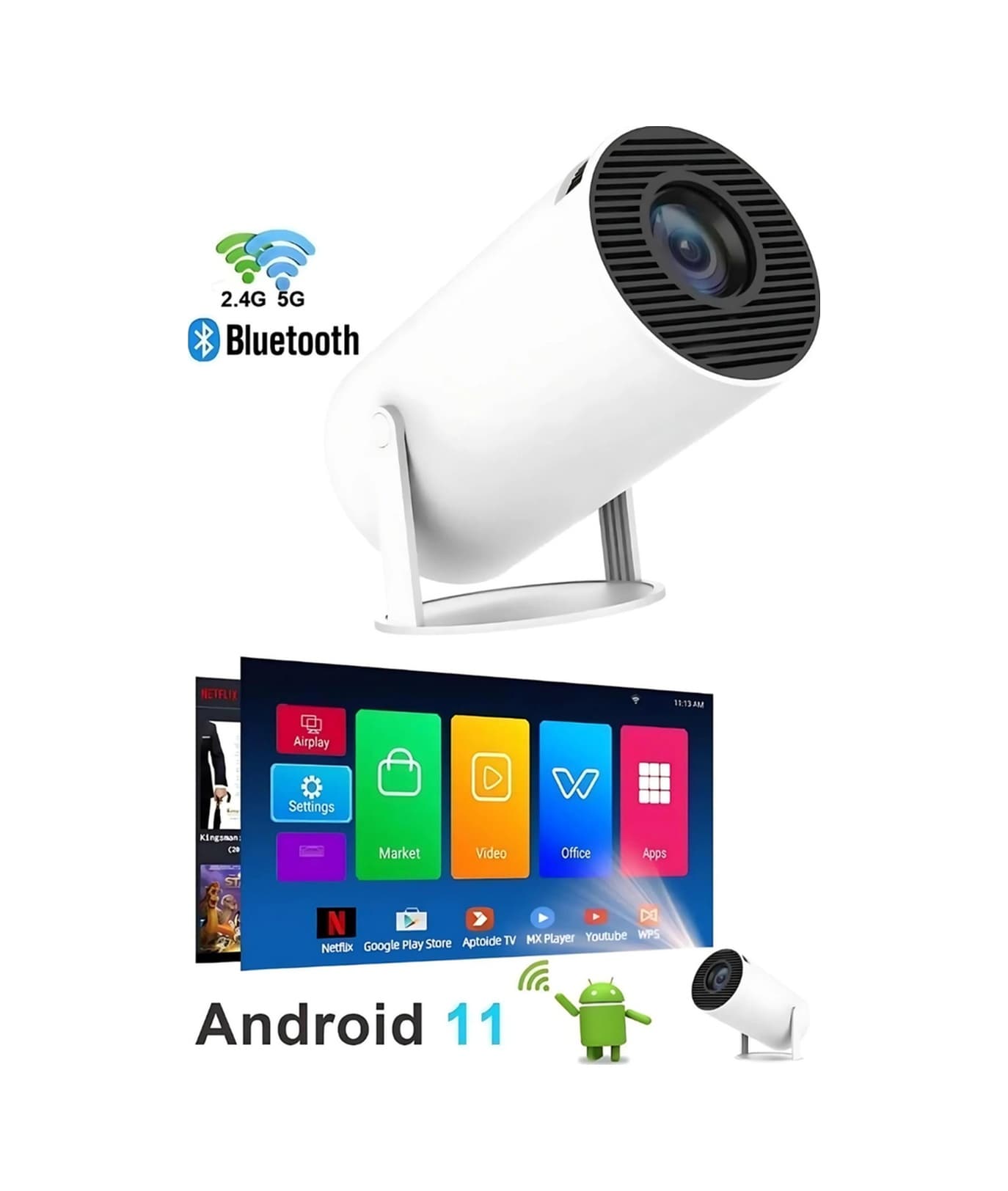 Projeksiyon Cihazı Taşınabilir Sinema Projeksiyon 720p Ev Sineması Bluetooth Android 11 Akıllı Proje