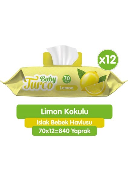 Baby Turco Limon Kokulu Islak Bebek Havlusu 12 x 70 Adet 840 Yaprak Alkol