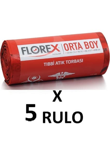 Florex Tıbbı Atık Baskılı Orta Boy ( 55X60 cm ) Çöp Poşeti 5 Rulo 25*5=125