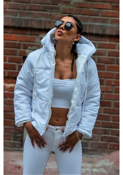 Keyifli Moda Kadın Beyaz Su Geçirmez Kapüşonlu Şişme
