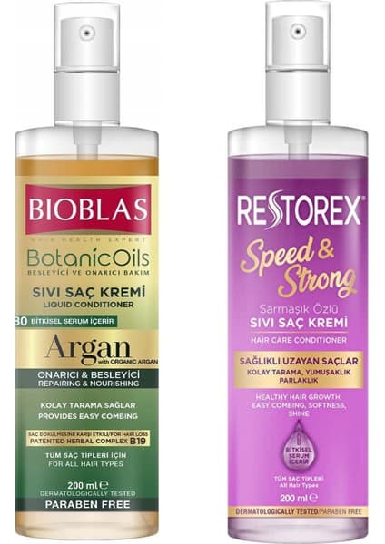 Restorex ve Bioblas Argan Yağlı Sıvı Saç Kremi 200 ml İle Sağlıklı Uzama Etkisi Sunan Besleyici