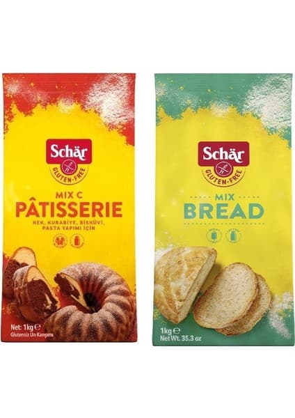 Schar 2'li Glutensiz Un Seti - Mix B Ekmek Unu ve Mix C Patisserie Kek Pasta Unu 1 kg 2