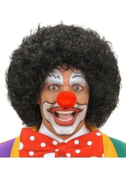 Colezium Siyah Renk Kıvırcık Afro Bonus Peruk Saç ve Kırmızı Sünger Burun Seti