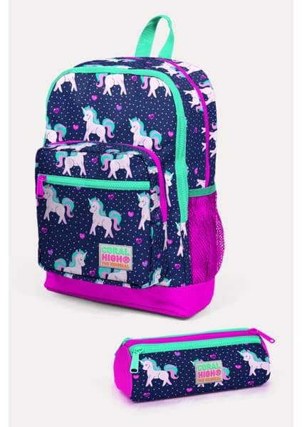 Coral High Kids Lacivert Pembe Unicorn Desenli 2'li Okul Çanta Seti