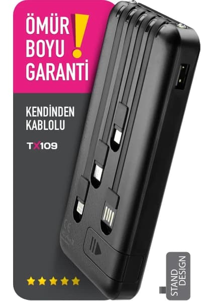 Powerway 10.000 Mah Kablolu Dijital Göstergeli 10.000 Mah Garantili Dahili Stand TX109 Siyah Powerbank