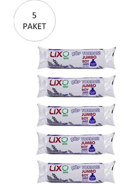 Lixo J-650 Jumbo Boy Çöp Torbası 80 x 110 cm 10'lu Rulo x 5 Paket 50 Adet