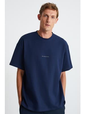 Grimelange Rıver Erkek Oversize Fit Bol Kesim Nakış Işlemeli Basic Örme Lacivert T-shirt