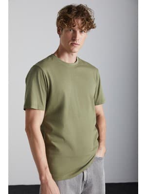 Grimelange Solo Erkek %100 Organik Pamuklu Kalın Dokulu Comfort Fit Bisiklet Yakalı Haki T-shirt