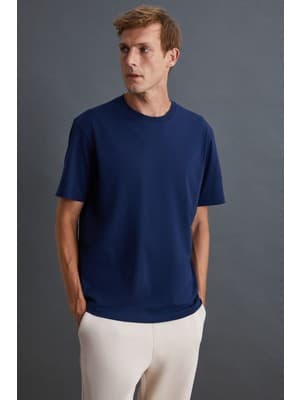 Grimelange Solo Erkek %100 Organik Pamuklu Kalın Dokulu Comfort Fit Bisiklet Yakalı Lacivert T-shirt