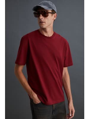 Grimelange Solo Erkek %100 Organik Pamuklu Kalın Dokulu Comfort Fit Bisiklet Yakalı Bordo T-shirt
