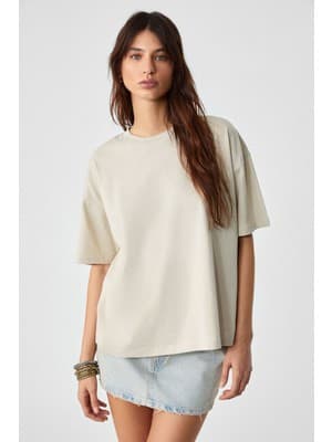 Grimelange LAGERTHA Kadın %100 organik Pamuklu Kalın Dokulu Oversize Fit Yuvarlak Yakalı Taş Rengi T-Shirt
