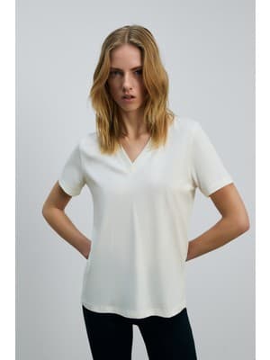Grimelange ALINE   Kadın Ekru  Organik Pamuk Derin V Yakalı Rahat Kesim T-Shirt Günlük Stil Kısa Kol