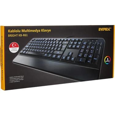 Mey İthalat Everest KB-R61 Brıght Siyah USB 3 Renk Aydınlatmalı Q Sabit Bilek Destekli Multimedia